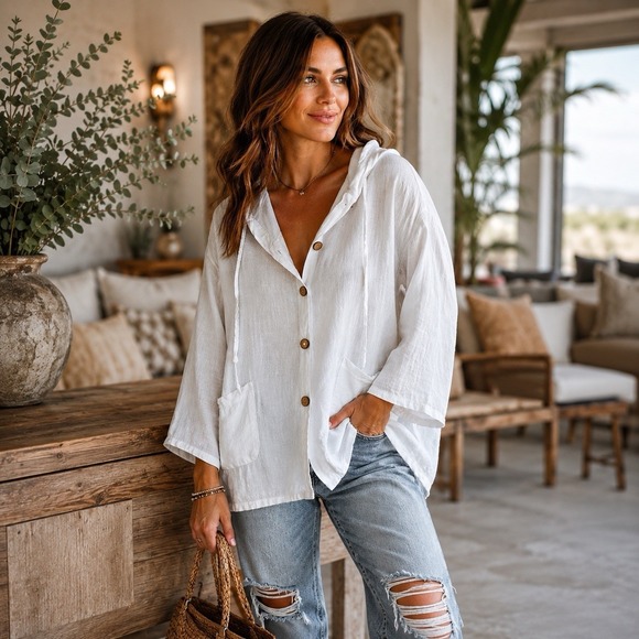 M Made In Italy Jackets & Blazers - M Made In Italy White 100% Linen Jacket Hoodie Pockets Button Down Lagenlook